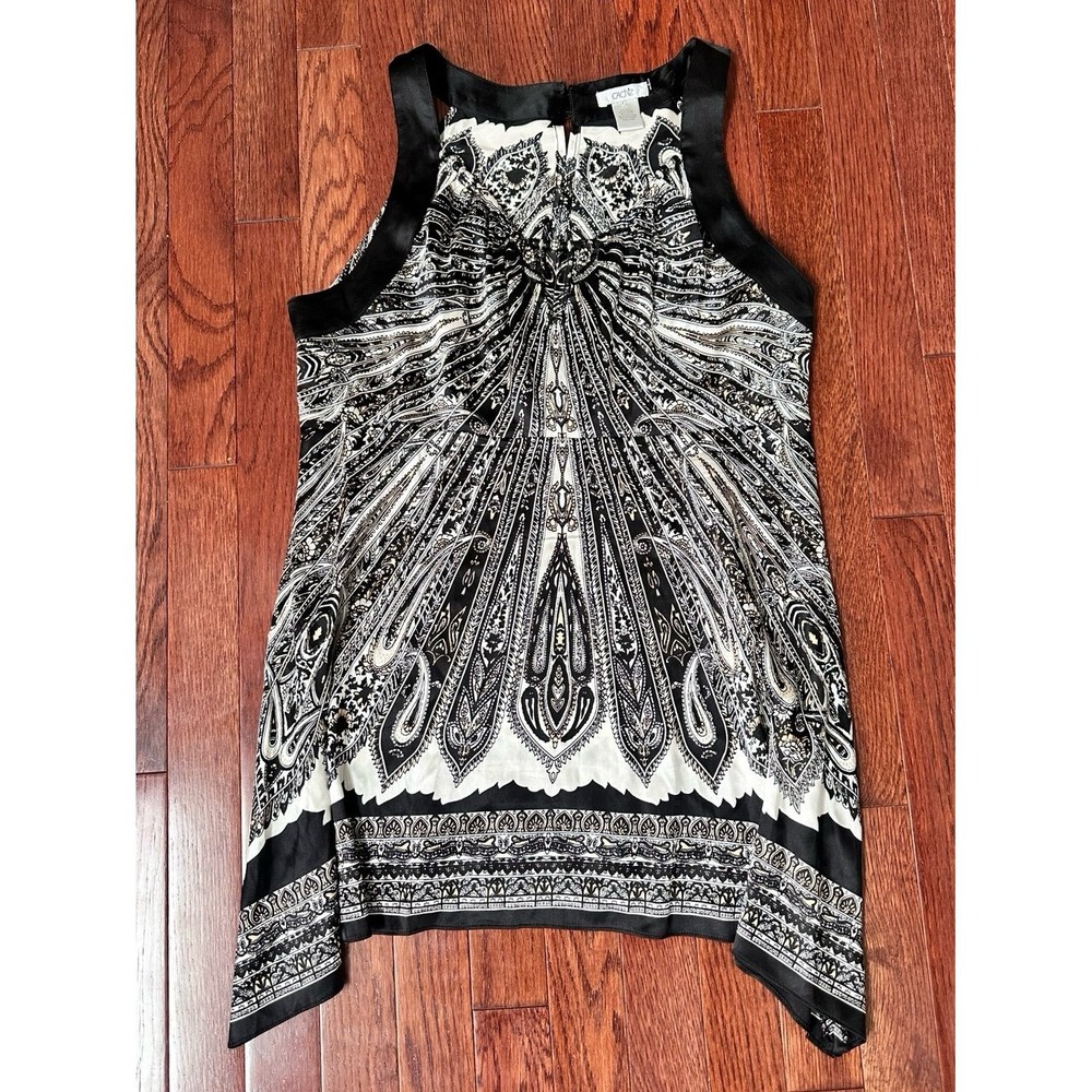 Cache Silk Black White Unique Pattern Beaded Embellished Asymmetrical Satin Top - Picture 5 of 12